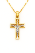 14K Gold Crucifix Pendant Necklace – Two-Tone Jesus Cross with Heart Filigree Design