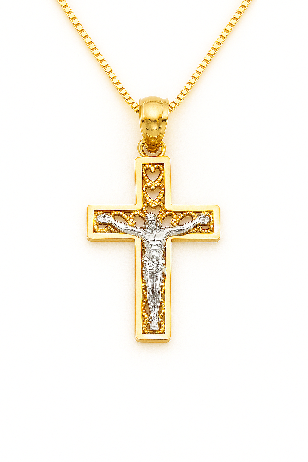 14K Gold Crucifix Pendant Necklace – Two-Tone Jesus Cross with Heart Filigree Design