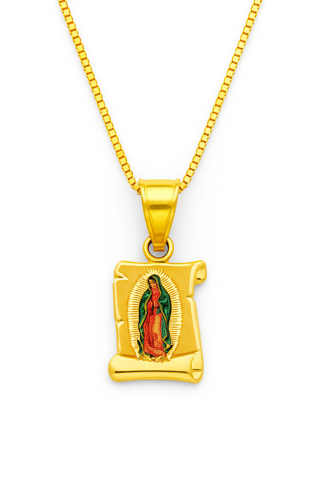 Guadalupe Eternal Scroll” 14K Gold Box Chain Pendant
