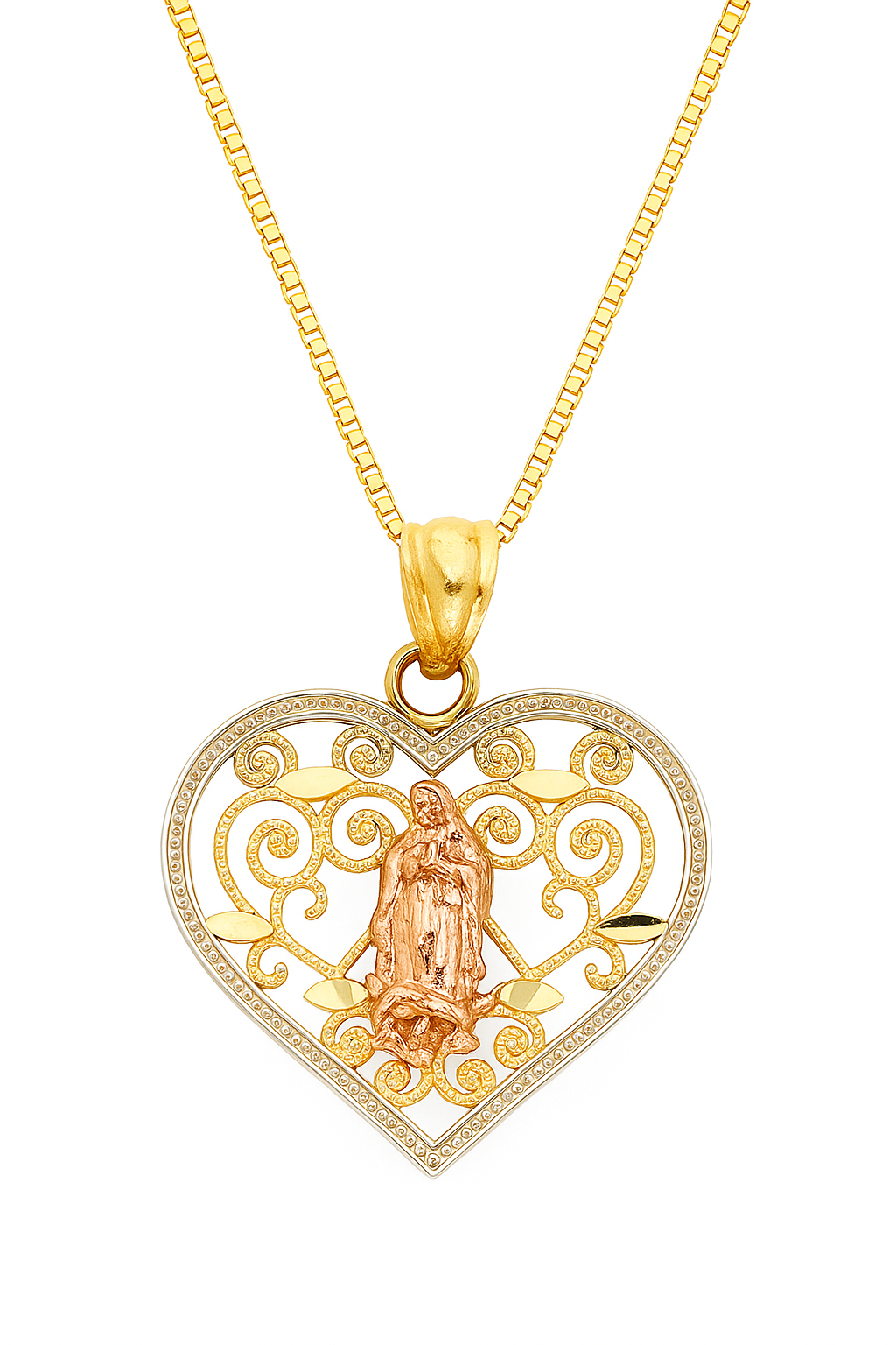 Divine Heart – 14K Gold Virgin Mary Filigree Medallion Necklace