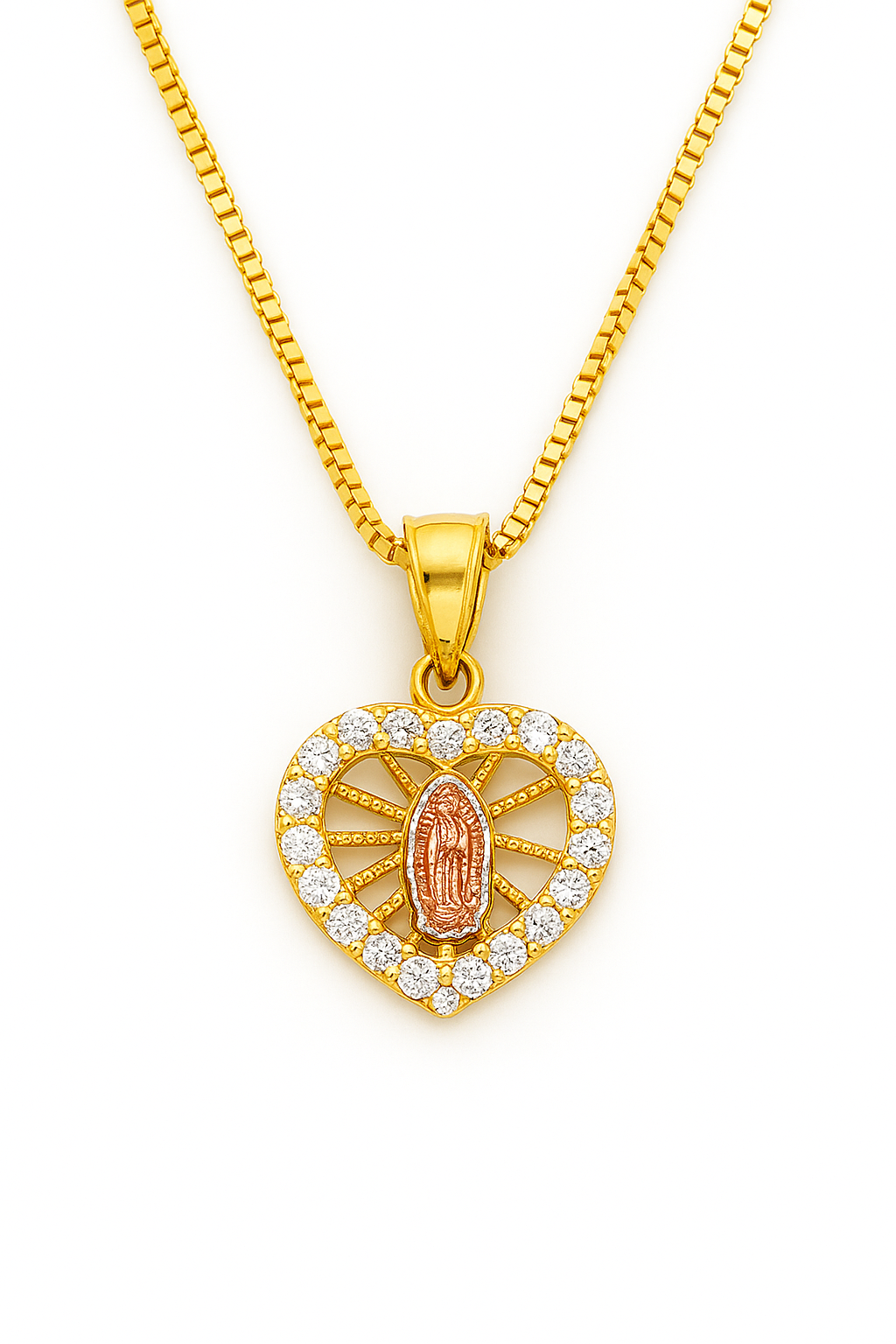 “Guadalupe Heart of Light” — 14K Solid Gold & Diamond-Cut Heirloom Pendant Necklace