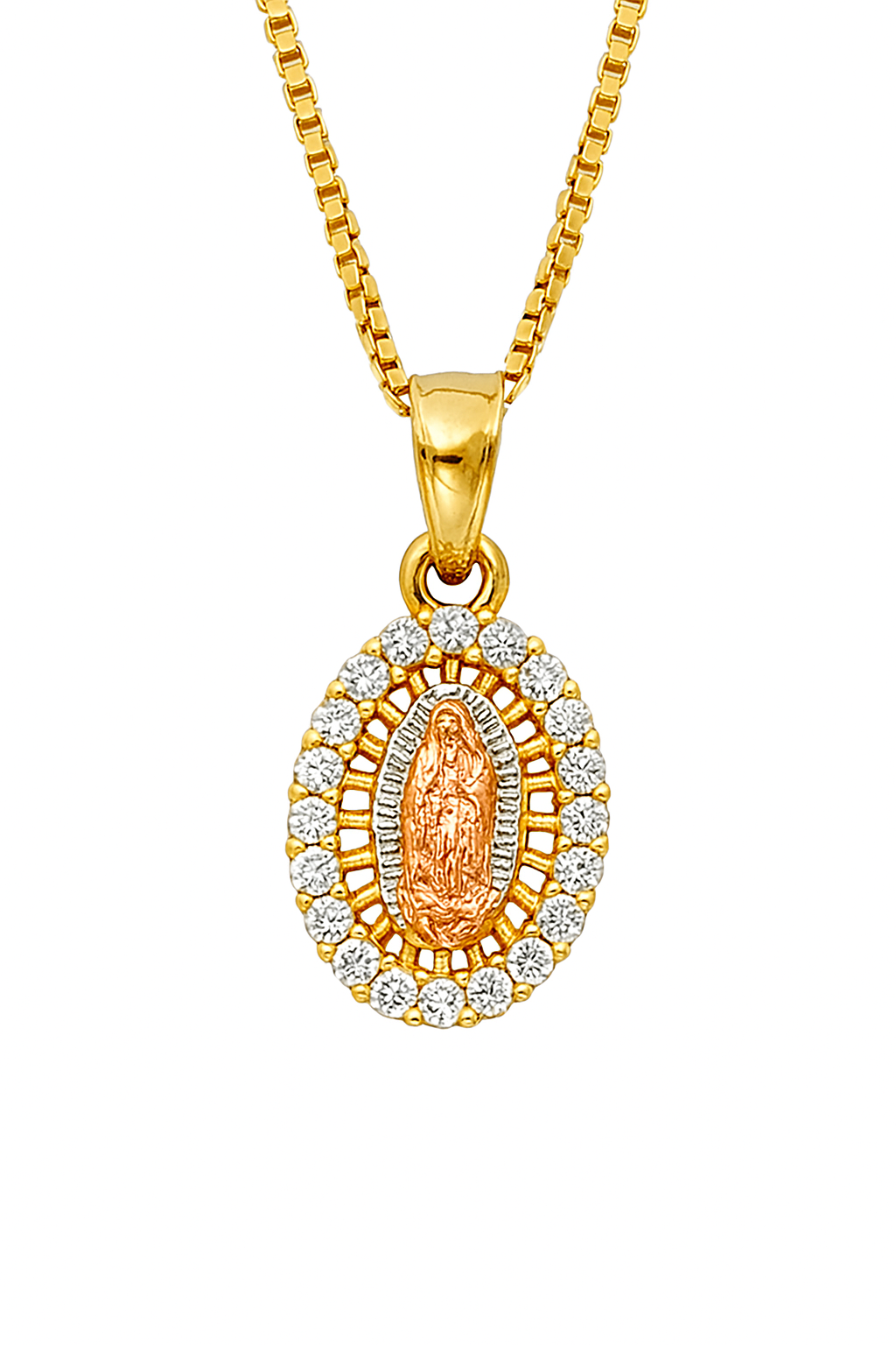“The Light of Guadalupe – CZ Diamond Halo Pendant” -14K Gold