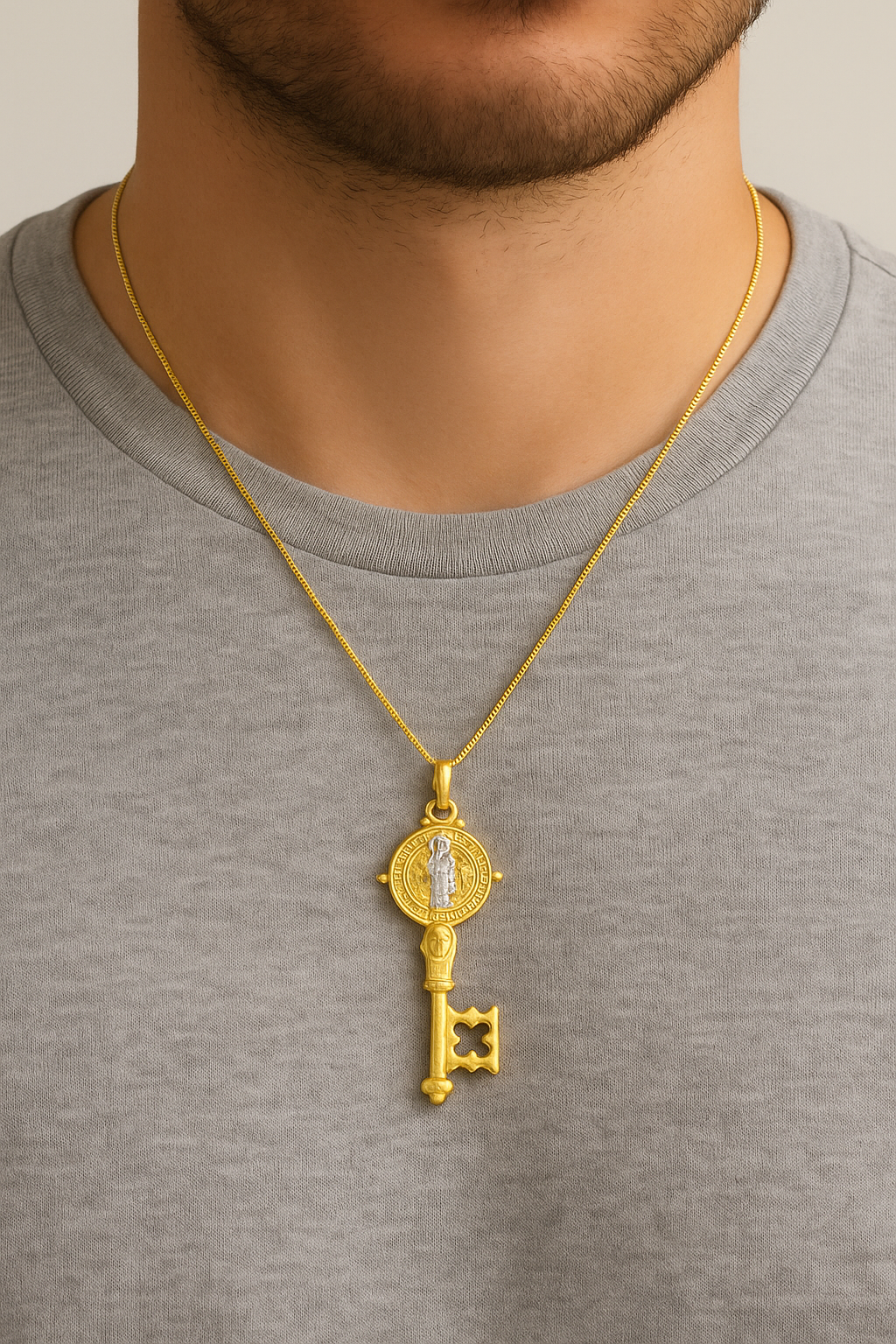 The Keeper — 14K Two-Tone Saint Benedict Key Pendant