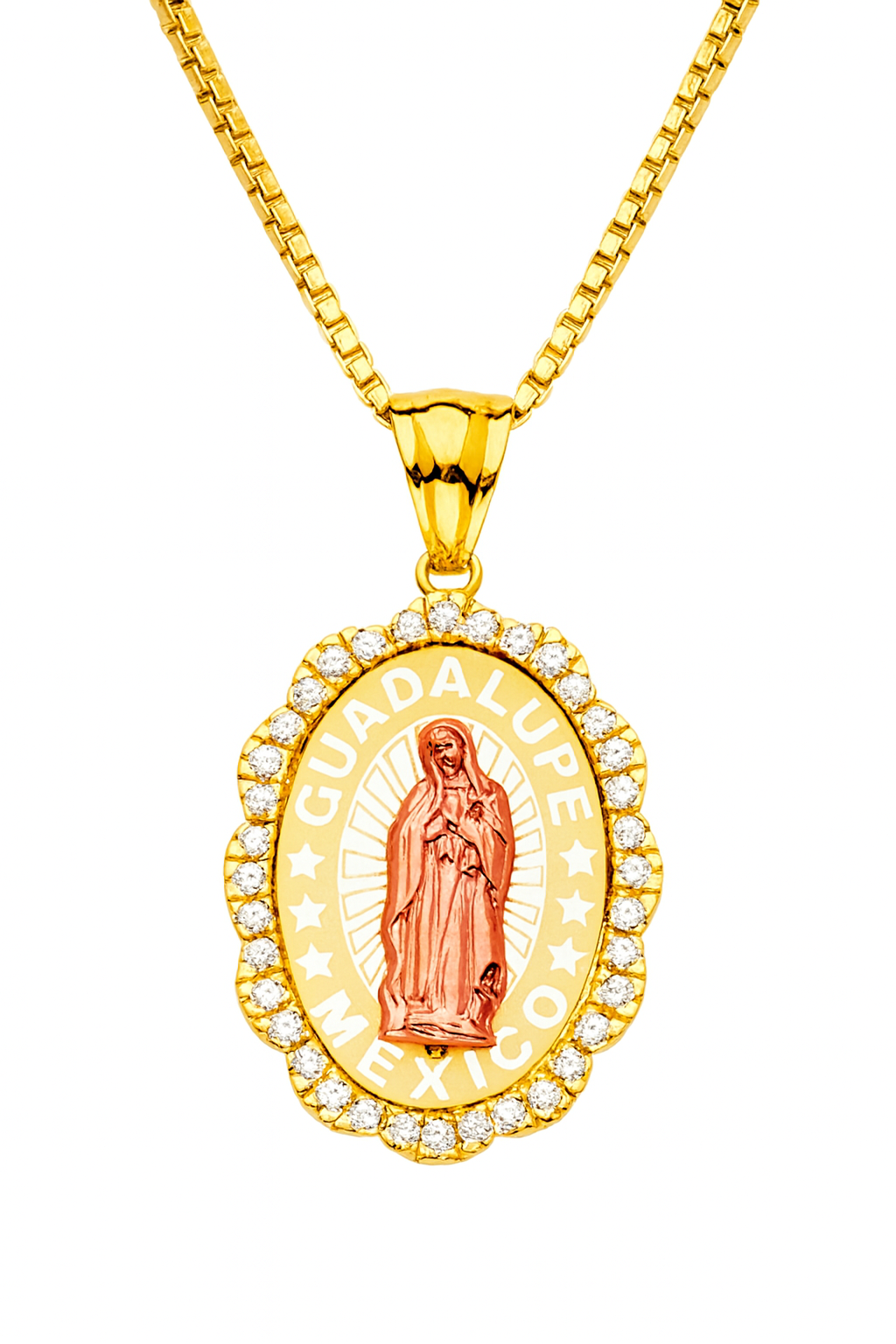 14KT Gold Guadalupe Radiant Aura Box-Chain Medallion