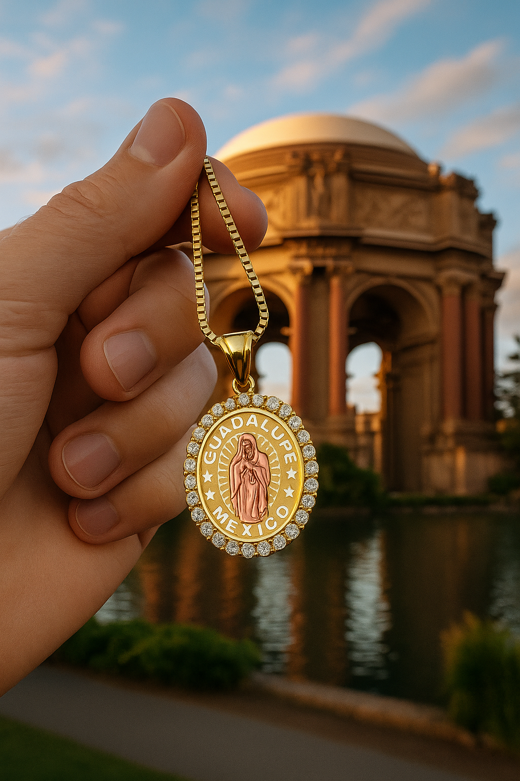 14KT Gold Guadalupe Radiant Aura Box-Chain Medallion