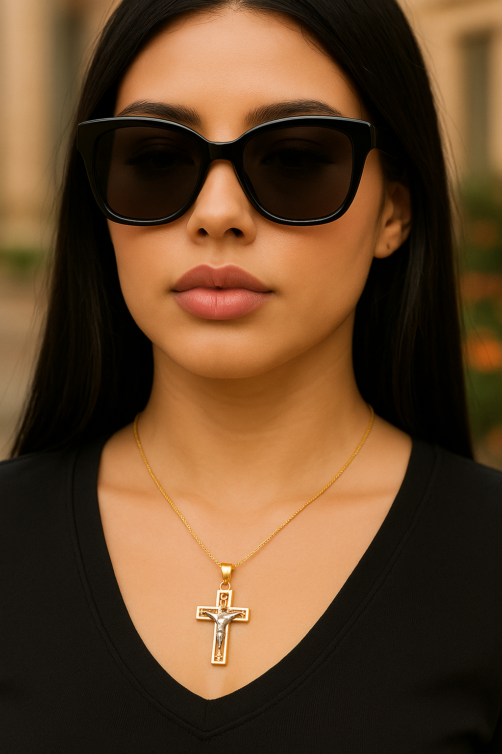 14K Gold Crucifix Pendant Necklace – Two-Tone Jesus Cross with Heart Filigree Design