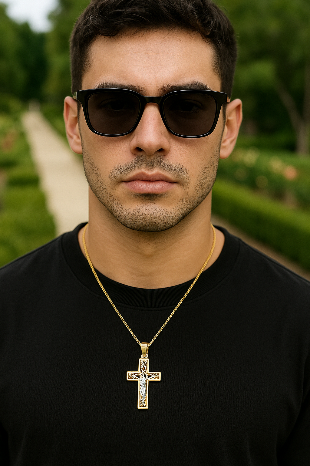 14K Gold Crucifix Pendant Necklace – Two-Tone Jesus Cross with Heart Filigree Design