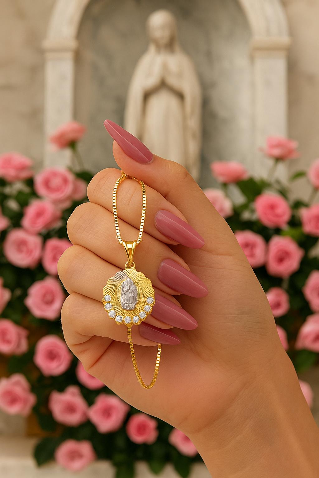 14KT Gold Virgin Mary Medallion Necklace for Women